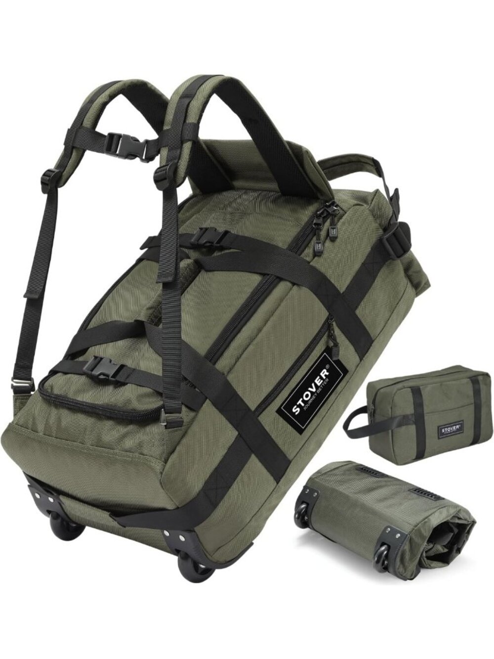 Heavy-Duty U-Zip Rolling Duffel Bag with Wheels & Toiletry Bag - Foldable Travel